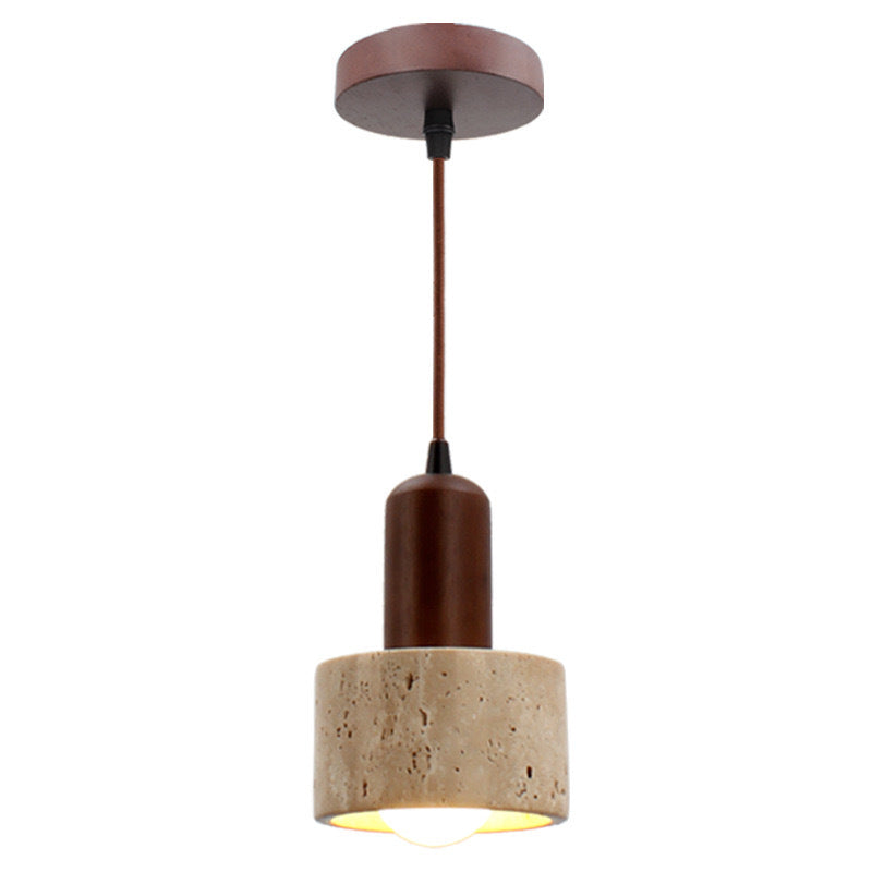 Traditional Japanese Disc Round Cylinder Yellow Travertine Solid Wood 1-Light Pendant Light For Living Room