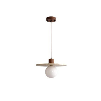 Traditional Japanese Disc Round Cylinder Yellow Travertine Solid Wood 1-Light Pendant Light For Living Room