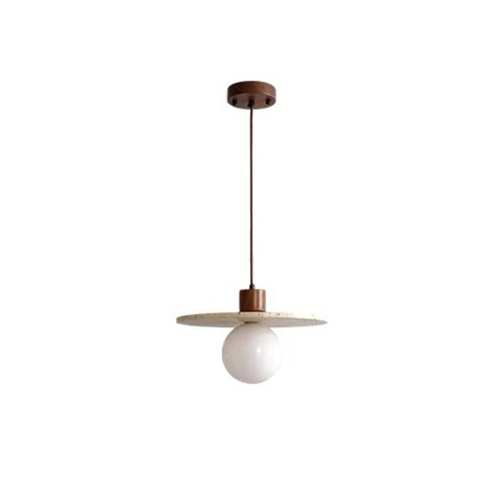 Traditional Japanese Disc Round Cylinder Yellow Travertine Solid Wood 1-Light Pendant Light For Living Room