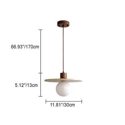 Traditional Japanese Disc Round Cylinder Yellow Travertine Solid Wood 1-Light Pendant Light For Living Room