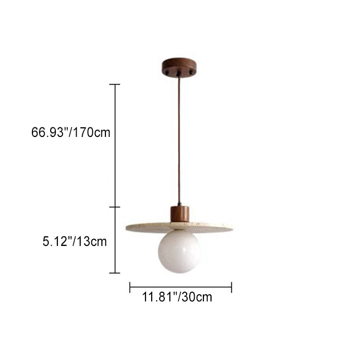 Traditional Japanese Disc Round Cylinder Yellow Travertine Solid Wood 1-Light Pendant Light For Living Room