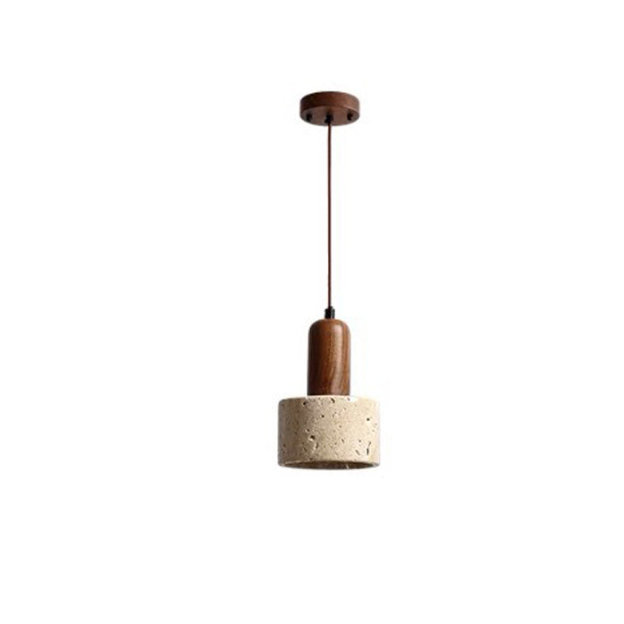 Traditional Japanese Disc Round Cylinder Yellow Travertine Solid Wood 1-Light Pendant Light For Living Room