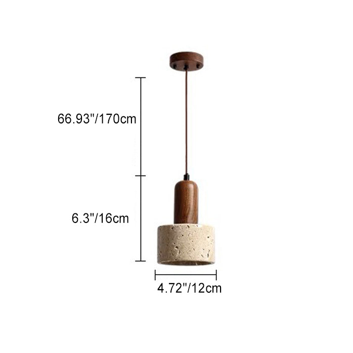 Traditional Japanese Disc Round Cylinder Yellow Travertine Solid Wood 1-Light Pendant Light For Living Room