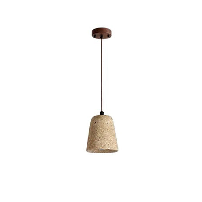 Traditional Japanese Disc Round Cylinder Yellow Travertine Solid Wood 1-Light Pendant Light For Living Room