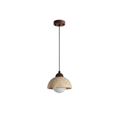 Traditional Japanese Disc Round Cylinder Yellow Travertine Solid Wood 1-Light Pendant Light For Living Room