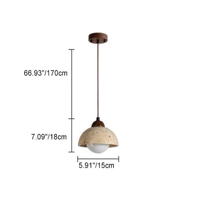 Traditional Japanese Disc Round Cylinder Yellow Travertine Solid Wood 1-Light Pendant Light For Living Room