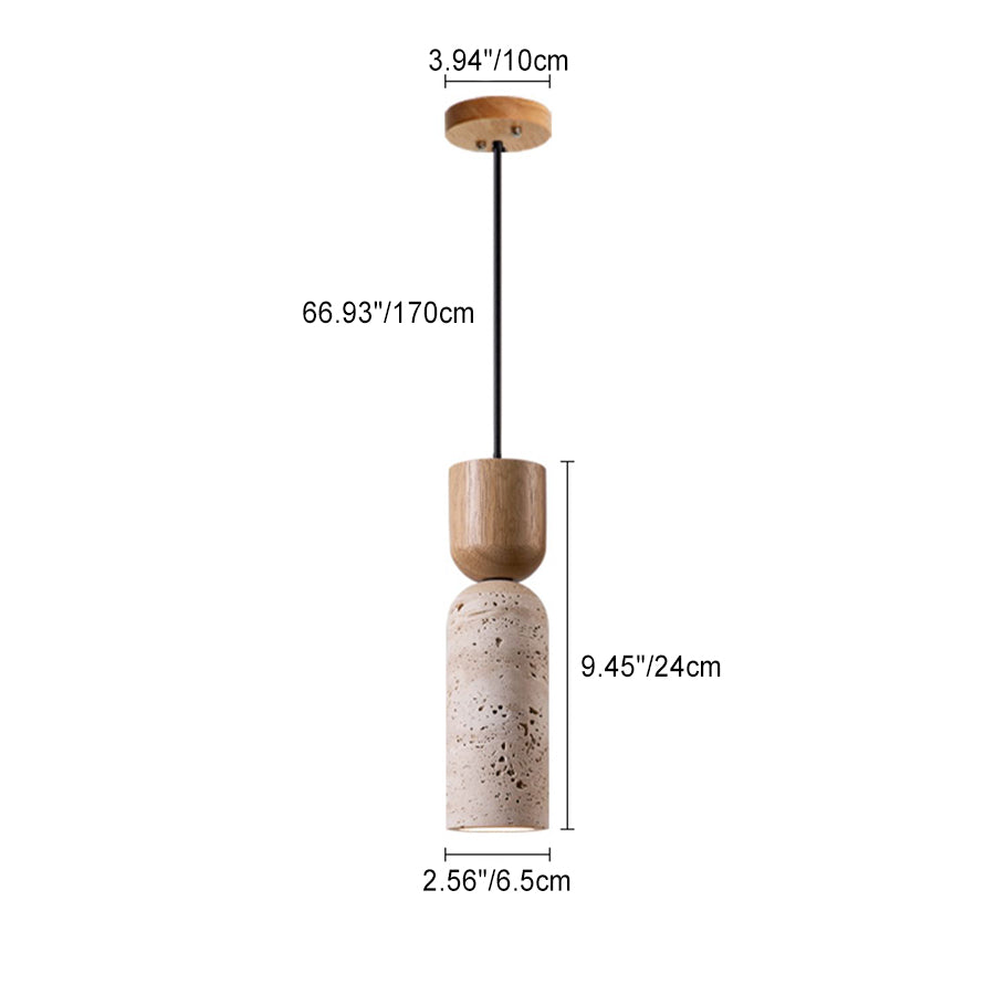 Traditionelle Vintage Runde Säule Beige Travertin Massivholz 1-Licht Pendelleuchte Für Wohnzimmer 