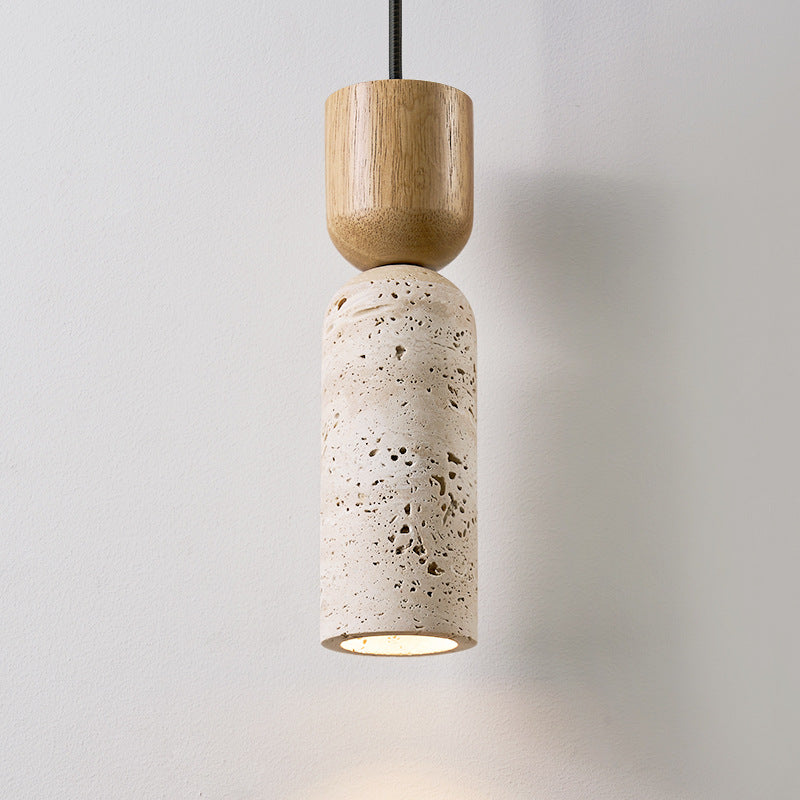 Traditionelle Vintage Runde Säule Beige Travertin Massivholz 1-Licht Pendelleuchte Für Wohnzimmer 