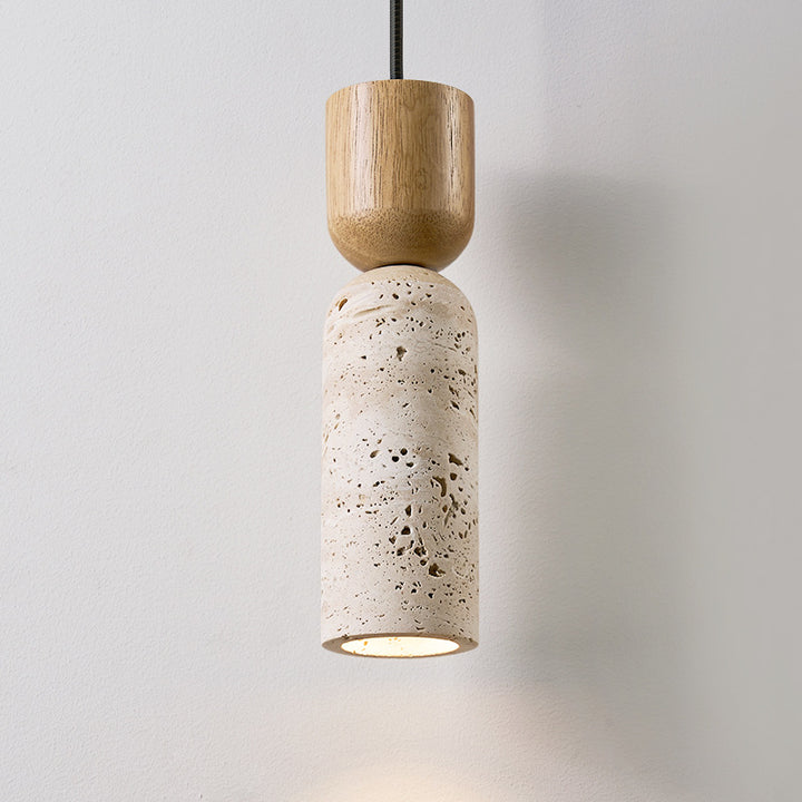 Traditionelle Vintage Runde Säule Beige Travertin Massivholz 1-Licht Pendelleuchte Für Wohnzimmer 