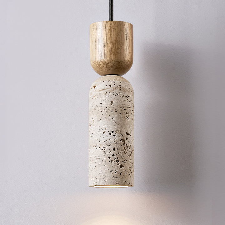 Traditionelle Vintage Runde Säule Beige Travertin Massivholz 1-Licht Pendelleuchte Für Wohnzimmer 