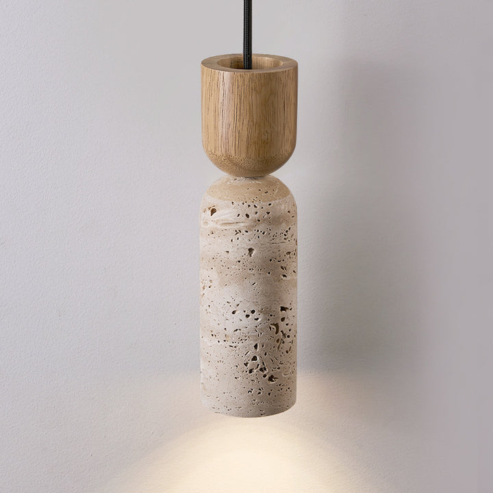 Traditionelle Vintage Runde Säule Beige Travertin Massivholz 1-Licht Pendelleuchte Für Wohnzimmer 