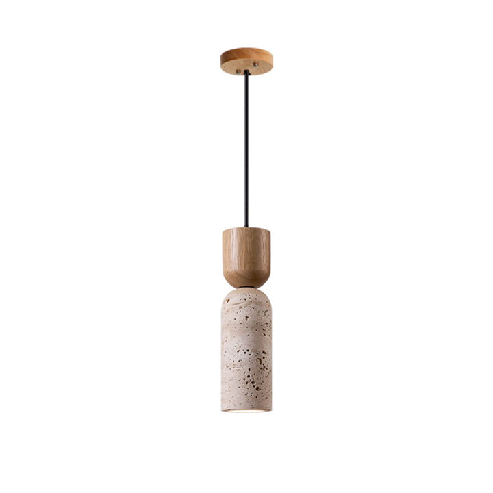 Traditionelle Vintage Runde Säule Beige Travertin Massivholz 1-Licht Pendelleuchte Für Wohnzimmer 