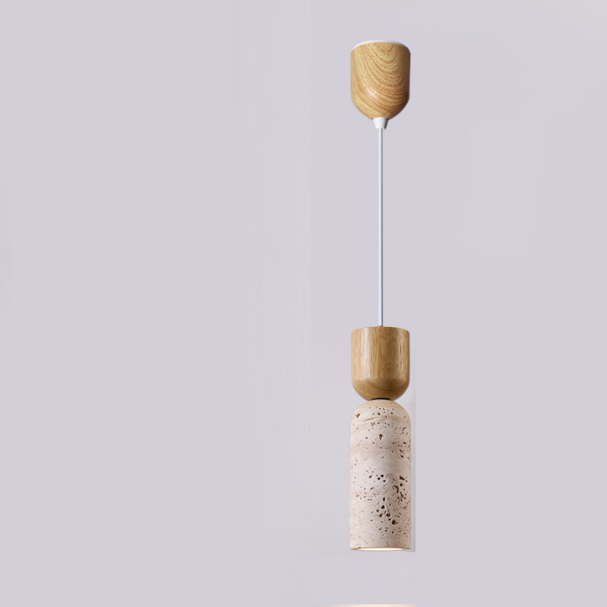 Traditionelle Vintage Runde Säule Beige Travertin Massivholz 1-Licht Pendelleuchte Für Wohnzimmer 