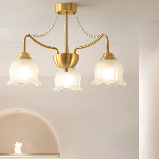 Plafonnier semi-encastré à 3/6/8 lumières en laiton avec perles de verre rondes et branche florale traditionnelle française pour le salon 