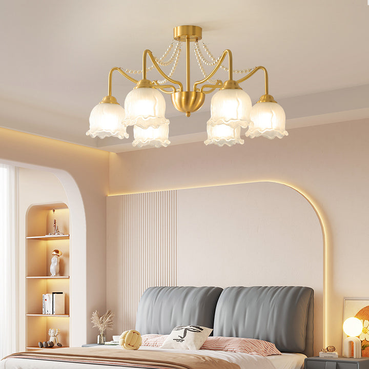 Luz de techo semiempotrada de 3/6/8 luces de latón con perlas de vidrio redondas y ramas florales francesas tradicionales para sala de estar 