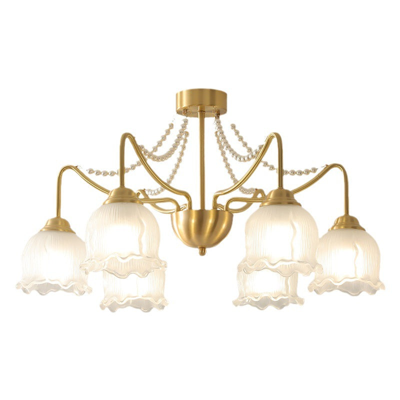 Plafonnier semi-encastré à 3/6/8 lumières en laiton avec perles de verre rondes et branche florale traditionnelle française pour le salon 
