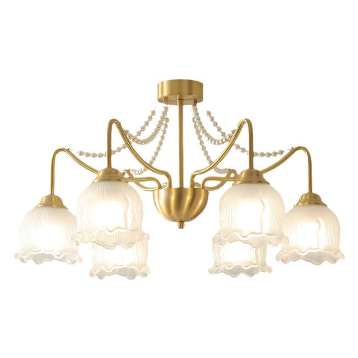 Plafonnier semi-encastré à 3/6/8 lumières en laiton avec perles de verre rondes et branche florale traditionnelle française pour le salon 