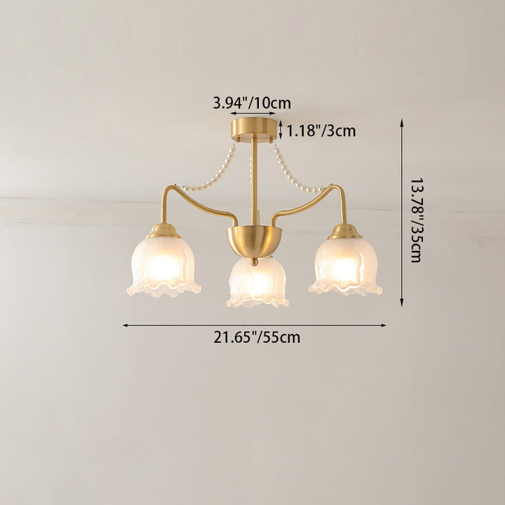 Luz de techo semiempotrada de 3/6/8 luces de latón con perlas de vidrio redondas y ramas florales francesas tradicionales para sala de estar 