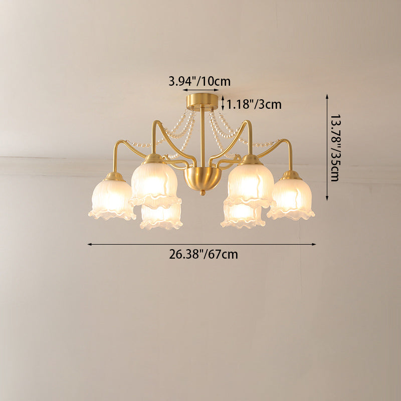 Plafonnier semi-encastré à 3/6/8 lumières en laiton avec perles de verre rondes et branche florale traditionnelle française pour le salon 