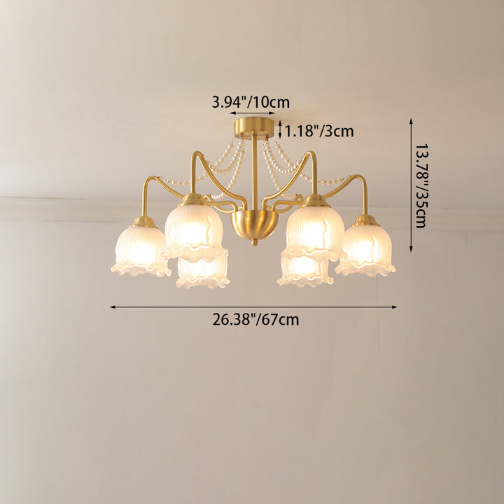 Plafonnier semi-encastré à 3/6/8 lumières en laiton avec perles de verre rondes et branche florale traditionnelle française pour le salon 