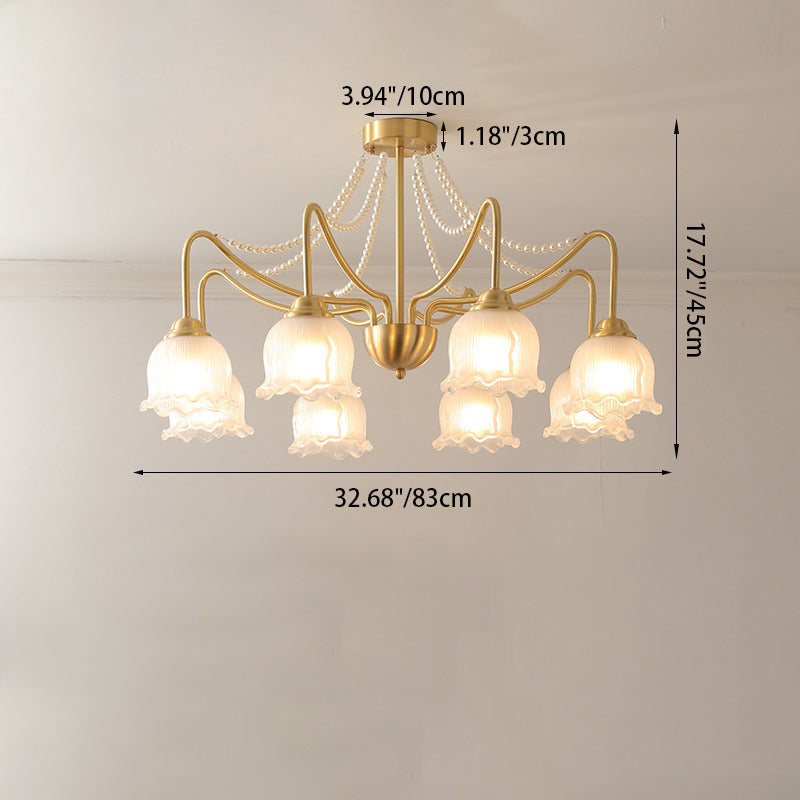 Plafonnier semi-encastré à 3/6/8 lumières en laiton avec perles de verre rondes et branche florale traditionnelle française pour le salon 