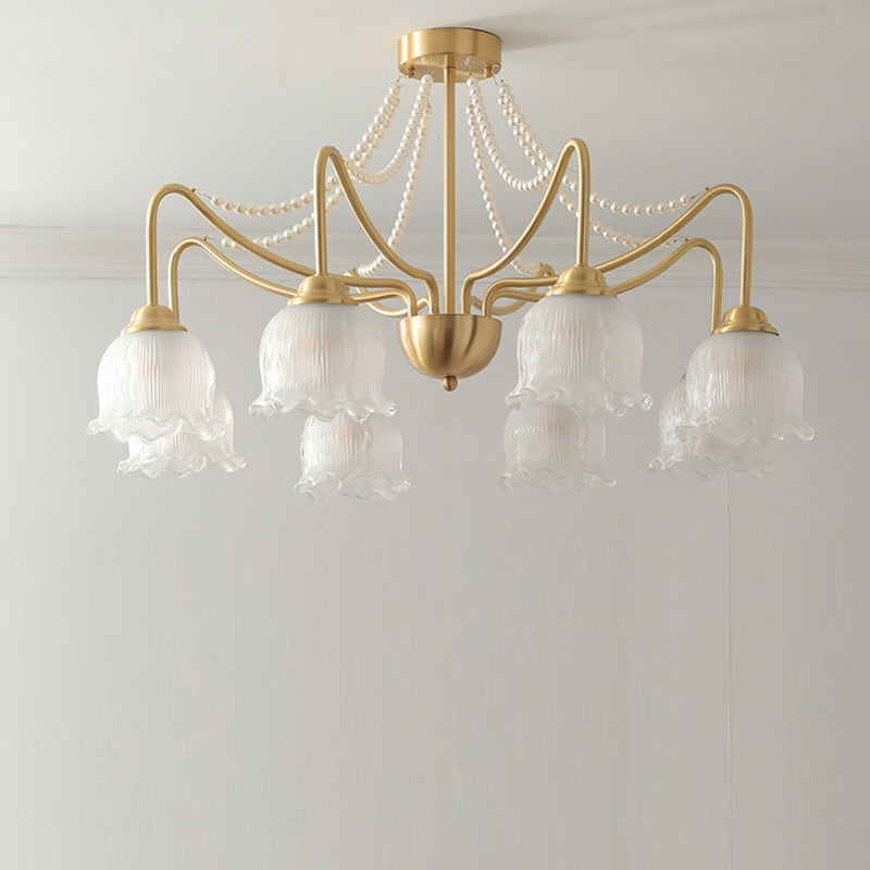 Plafonnier semi-encastré à 3/6/8 lumières en laiton avec perles de verre rondes et branche florale traditionnelle française pour le salon 