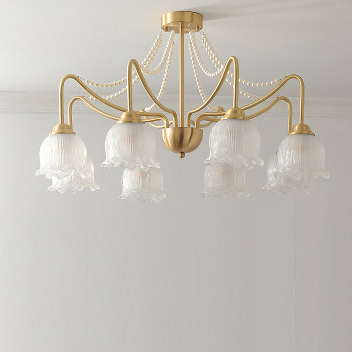 Plafonnier semi-encastré à 3/6/8 lumières en laiton avec perles de verre rondes et branche florale traditionnelle française pour le salon 