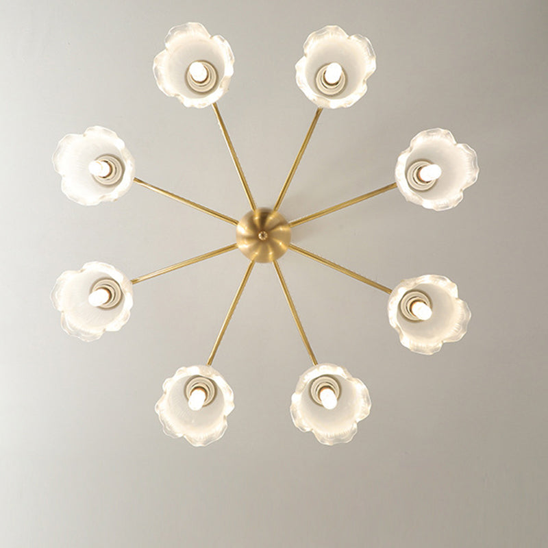 Plafonnier semi-encastré à 3/6/8 lumières en laiton avec perles de verre rondes et branche florale traditionnelle française pour le salon 