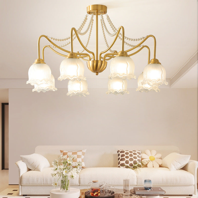 Plafonnier semi-encastré à 3/6/8 lumières en laiton avec perles de verre rondes et branche florale traditionnelle française pour le salon 