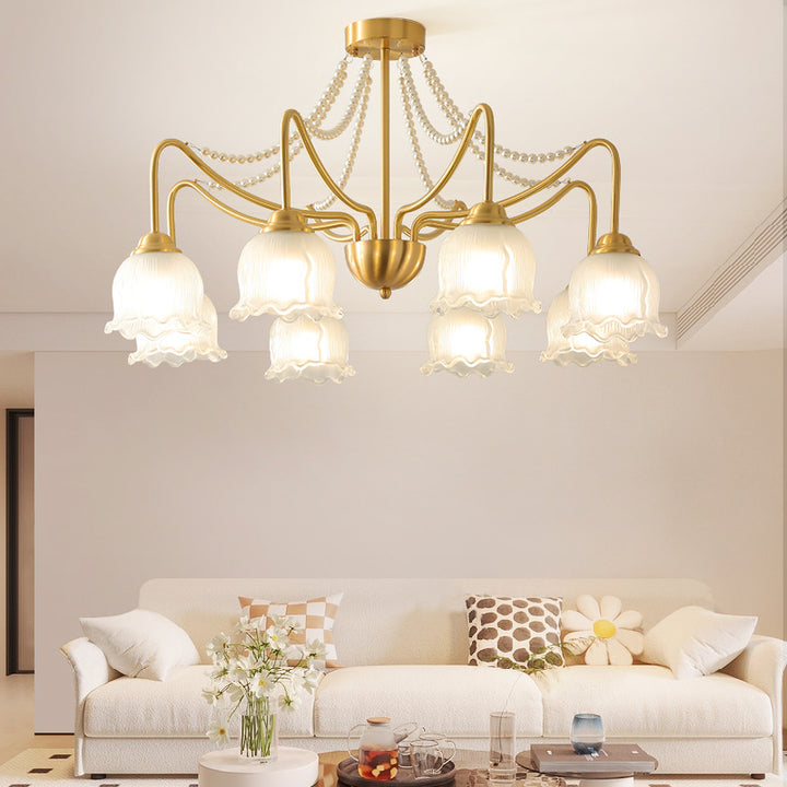 Luz de techo semiempotrada de 3/6/8 luces de latón con perlas de vidrio redondas y ramas florales francesas tradicionales para sala de estar 