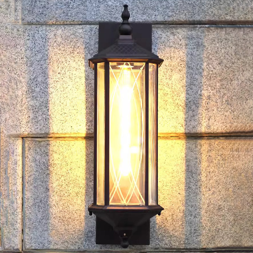 Traditional Vintage Hexagonal Rectangle Glass Iron Aluminum 1-Light Wall Sconce Lamp For Garden