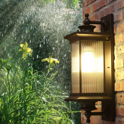 Lámpara Aplique de Pared de 1 Luz con Herrajes de Aluminio y Vidrio Rectangular de Casa Cuadrada Tradicional China para Patio Exterior 
