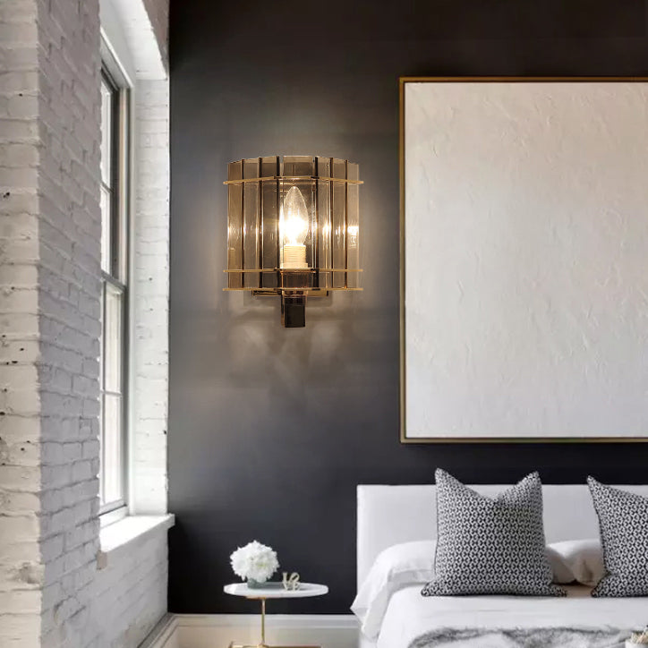 Aplique de pared contemporáneo escandinavo de cilindro redondo de vidrio y hierro con 1 luz para sala de estar 