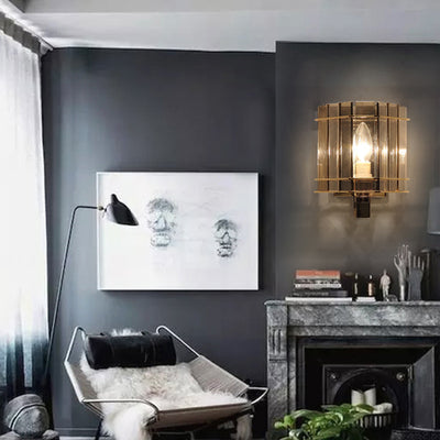 Aplique de pared contemporáneo escandinavo de cilindro redondo de vidrio y hierro con 1 luz para sala de estar 