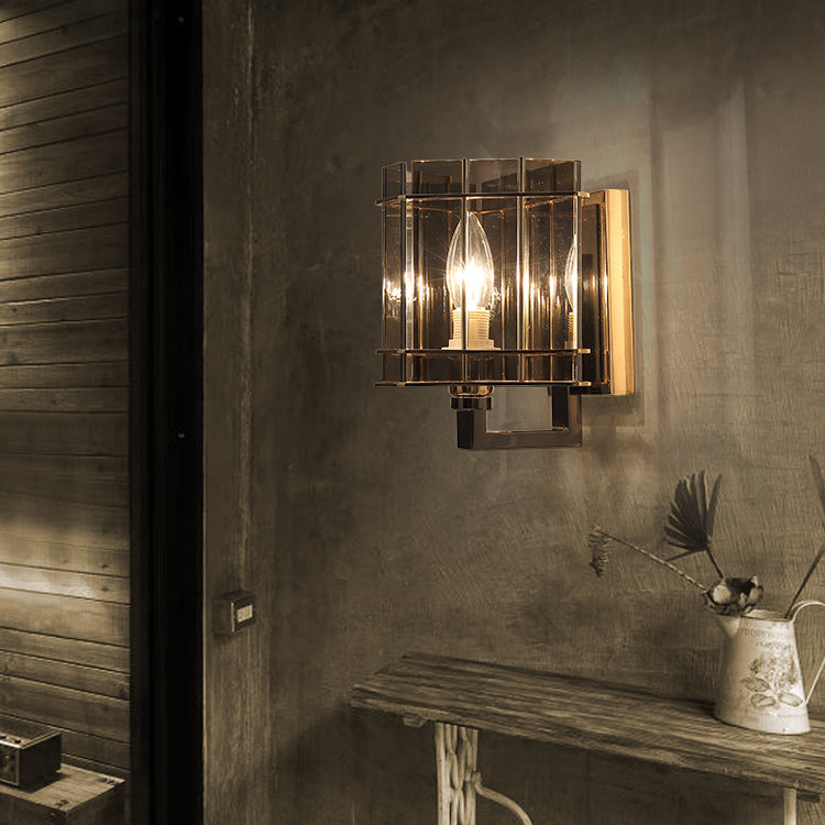 Aplique de pared contemporáneo escandinavo de cilindro redondo de vidrio y hierro con 1 luz para sala de estar 