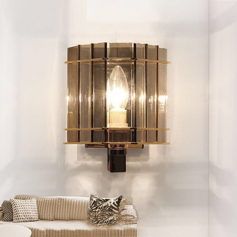 Aplique de pared contemporáneo escandinavo de cilindro redondo de vidrio y hierro con 1 luz para sala de estar 