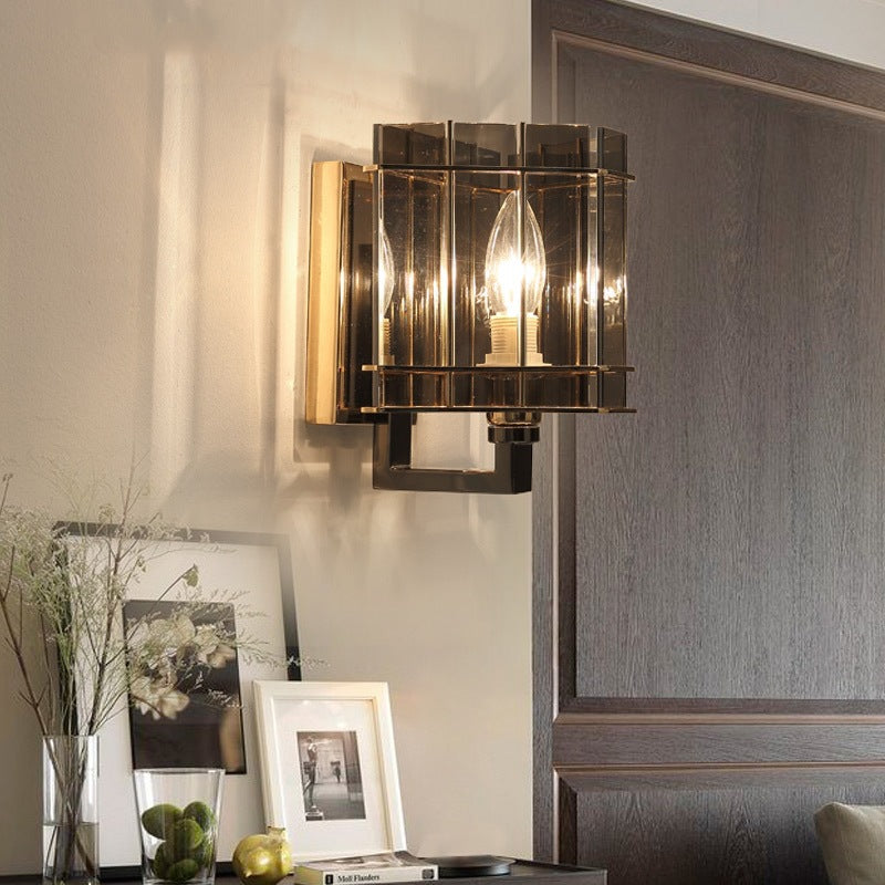 Aplique de pared contemporáneo escandinavo de cilindro redondo de vidrio y hierro con 1 luz para sala de estar 