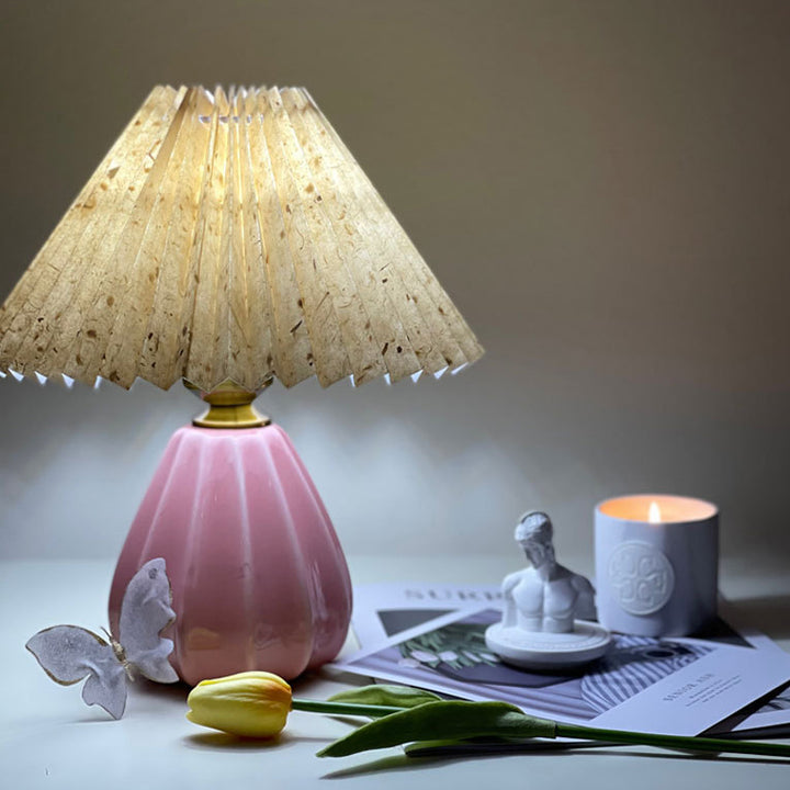 Traditional Vintage Round Cone Pleated Fabric Ceramic 1-Light Table Lamp For Bedroom