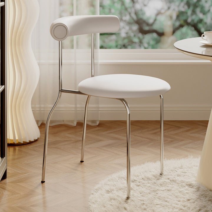 Moderner minimalistischer runder gebogener Säulenstuhl aus Kunstleder mit Metallrückenlehne für das Esszimmer 