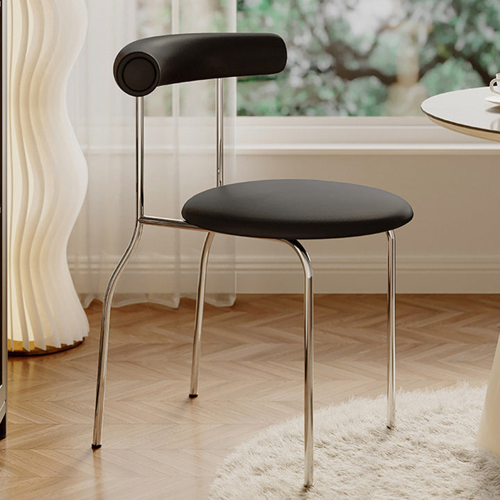 Moderner minimalistischer runder gebogener Säulenstuhl aus Kunstleder mit Metallrückenlehne für das Esszimmer 