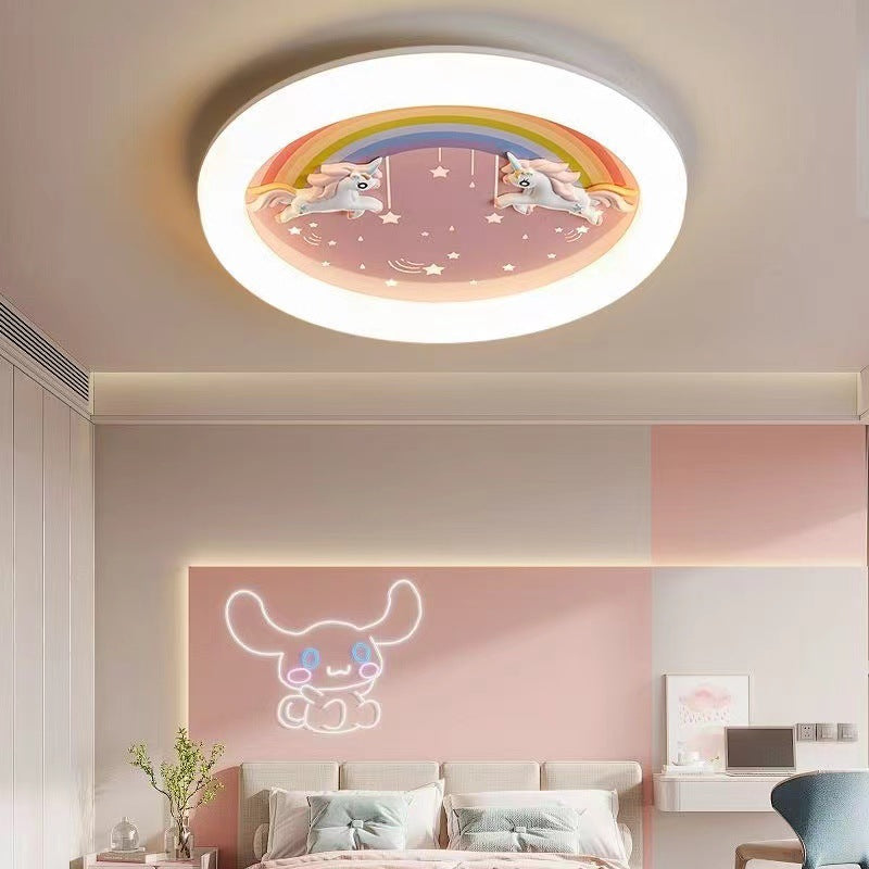 Modern Art Deco Round Cloud Rabbit Unicorn Acrylic Resin Iron LED Flush Mount Ceiling Light For Bedroom
