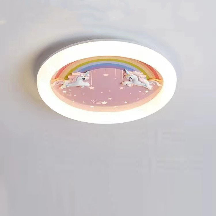 Modern Art Deco Round Cloud Rabbit Unicorn Acrylic Resin Iron LED Flush Mount Ceiling Light For Bedroom