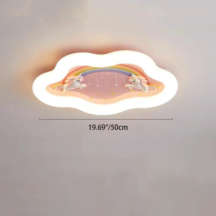 Modern Art Deco Round Cloud Rabbit Unicorn Acrylic Resin Iron LED Flush Mount Ceiling Light For Bedroom