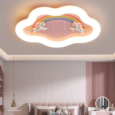 Modern Art Deco Round Cloud Rabbit Unicorn Acrylic Resin Iron LED Flush Mount Ceiling Light For Bedroom