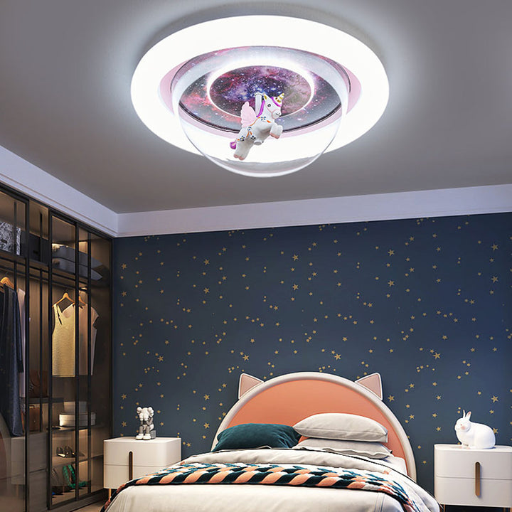 Plafonnier LED rond en résine acrylique fer avec étoiles et licorne pour chambre d'enfant Art déco moderne 