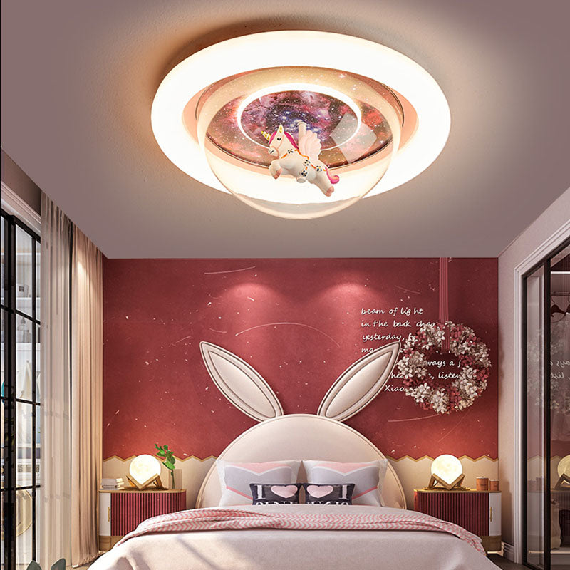 Modern Art Deco Kids Unicorn Stars Round Acrylic Resin Iron LED Flush Mount Ceiling Light For Bedroom