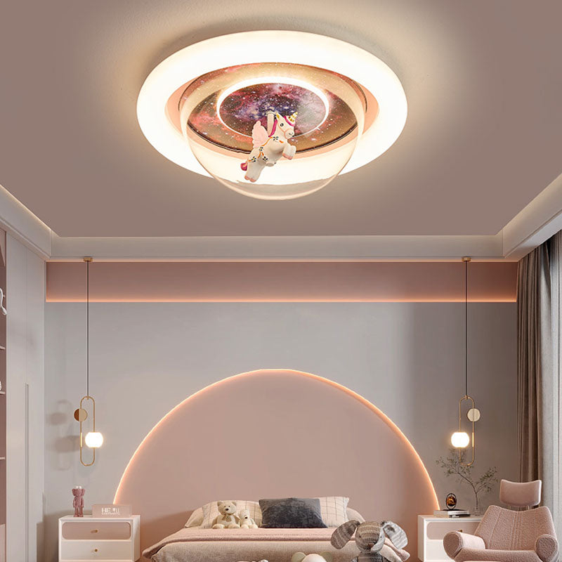 Modern Art Deco Kids Unicorn Stars Round Acrylic Resin Iron LED Flush Mount Ceiling Light For Bedroom