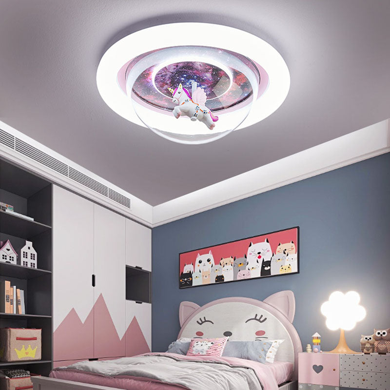 Modern Art Deco Kids Unicorn Stars Round Acrylic Resin Iron LED Flush Mount Ceiling Light For Bedroom