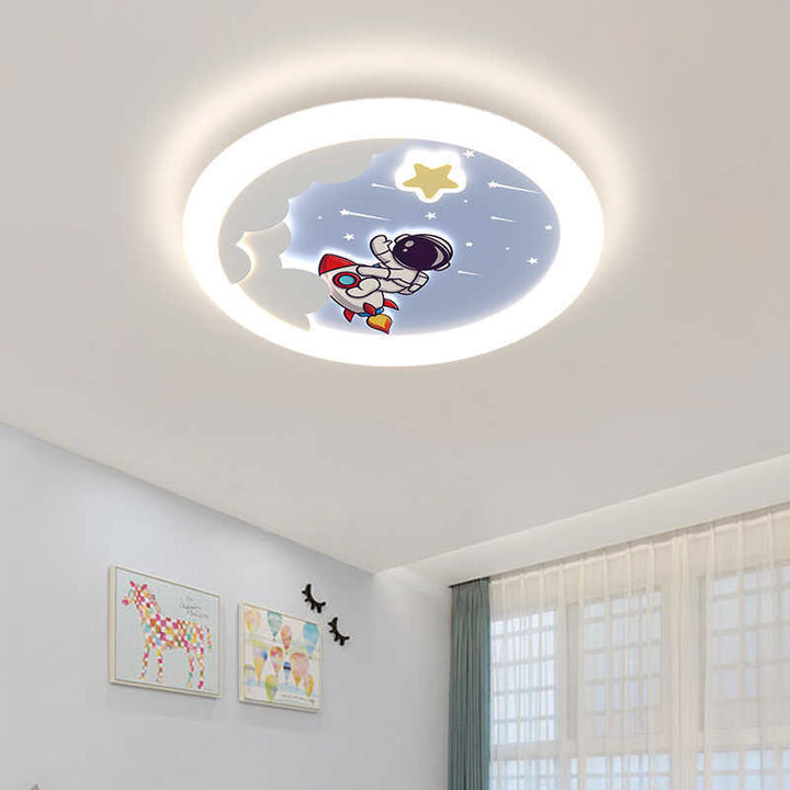 Plafonnier LED rond en fer PE Spaceman ciel Art Déco moderne pour chambre d'enfants 