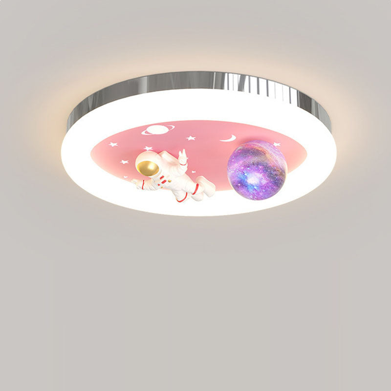 Modern Art Deco Kids Star Astronaut Round Acrylic Resin Iron LED Flush Mount Ceiling Light For Bedroom